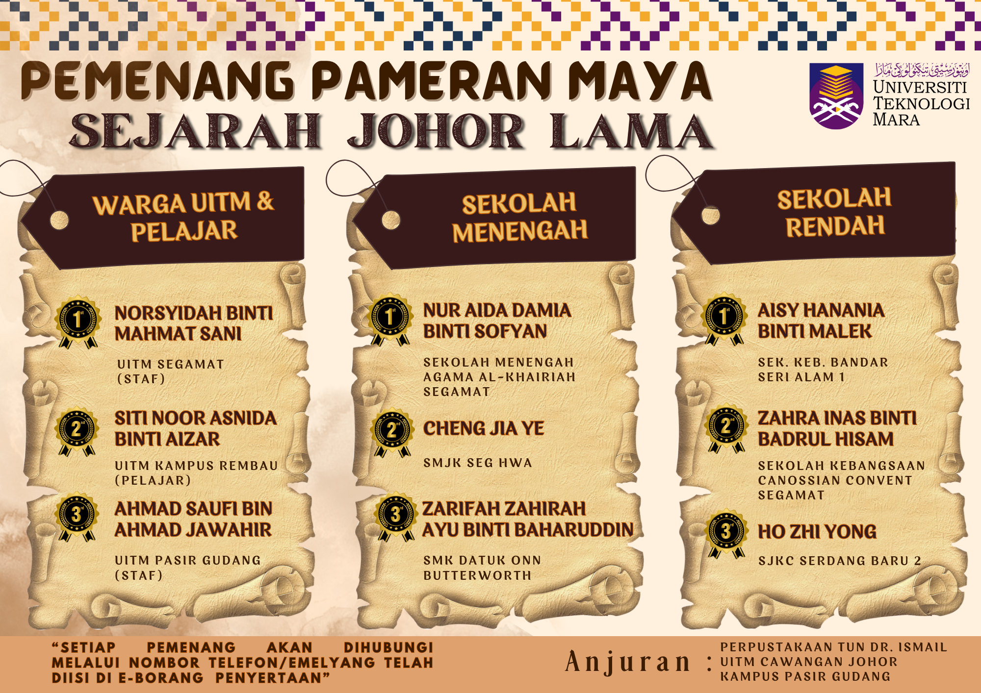 Tahniah Pemenang Pertandingan Kuiz Pameran Maya Sejarah Johor Lama